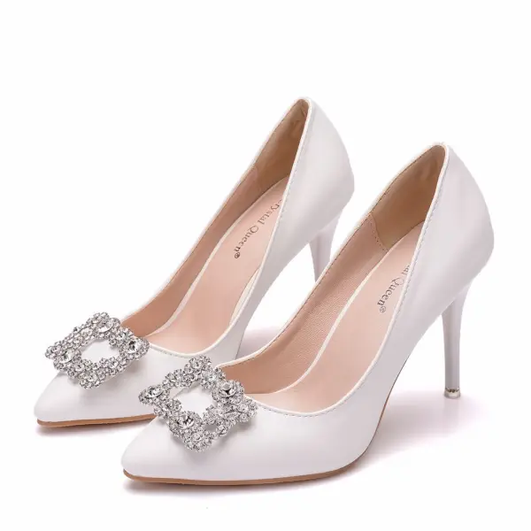 Mooie / Prachtige Witte Rhinestone Gala Pumps 2024 9 cm Naaldhakken / Stiletto Spitse Neus Pumps Hoge Hakken