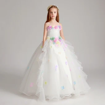 Fée Des Fleurs Fleurs Artificielles Blanche Robe Pour Mariage 2017 Robe Boule Bretelles Spaghetti Sans Manches Appliques Fleur Longue Volants Robe Ceremonie Fille
