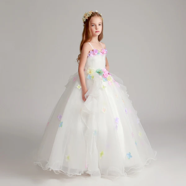 Flower Fairy Artificial Flowers White Wedding Party Dresses 2017 Ball Gown Spaghetti Straps Sleeveless Appliques Flower Floor-Length / Long Ruffle Flower Girl Dresses