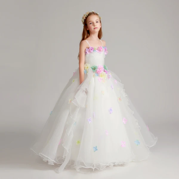 Flower Fairy Artificial Flowers White Wedding Party Dresses 2017 Ball Gown Spaghetti Straps Sleeveless Appliques Flower Floor-Length / Long Ruffle Flower Girl Dresses