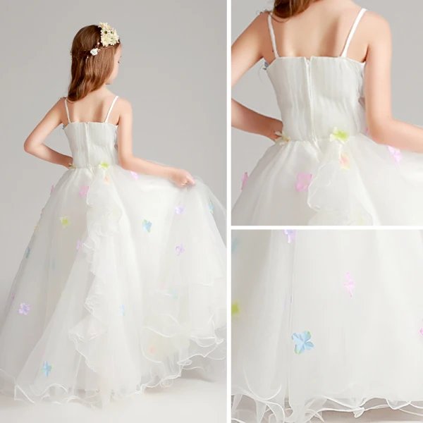 Flower Fairy Artificial Flowers White Wedding Party Dresses 2017 Ball Gown Spaghetti Straps Sleeveless Appliques Flower Floor-Length / Long Ruffle Flower Girl Dresses