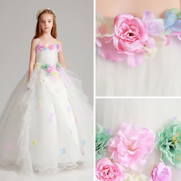 Flower Fairy Artificial Flowers White Wedding Party Dresses 2017 Ball Gown Spaghetti Straps Sleeveless Appliques Flower Floor-Length / Long Ruffle Flower Girl Dresses