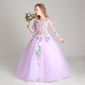 Flower Fairy Lilac Flower Girl Dresses 2017 Ball Gown V Neck 3 4 Sleeve Appliques Flower Floor Length Long Ruffle Wedding Party Dresses