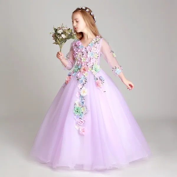 Flower Fairy Lilac Flower Girl Dresses 2017 Ball Gown V-Neck 3/4 Sleeve Appliques Flower Floor-Length / Long Ruffle Wedding Party Dresses