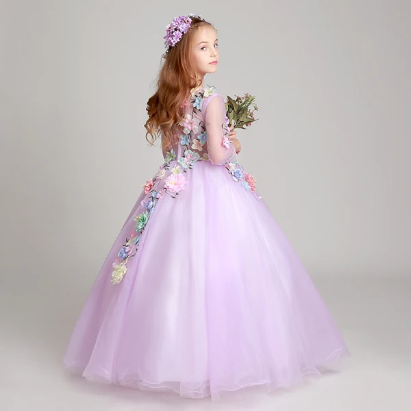 Blumenfee Lila Mädchenkleider 2017 Ballkleid V-Ausschnitt 3/4 Ärmel Applikationen Blumen Lange Rüschen Kleider Für Hochzeit