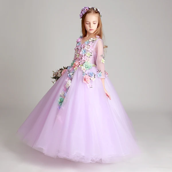 Blumenfee Lila Mädchenkleider 2017 Ballkleid V-Ausschnitt 3/4 Ärmel Applikationen Blumen Lange Rüschen Kleider Für Hochzeit