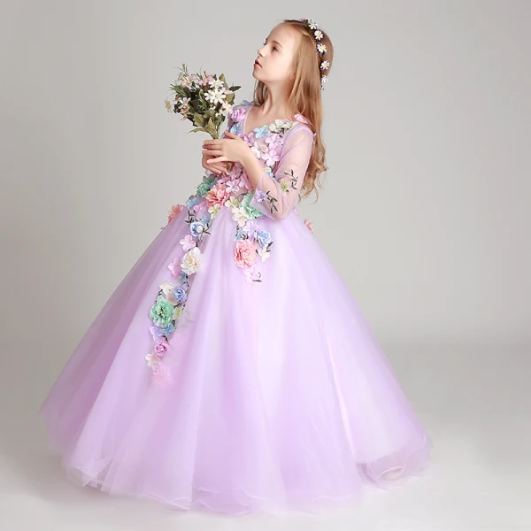 Blumenfee Lila Mädchenkleider 2017 Ballkleid V-Ausschnitt 3/4 Ärmel Applikationen Blumen Lange Rüschen Kleider Für Hochzeit