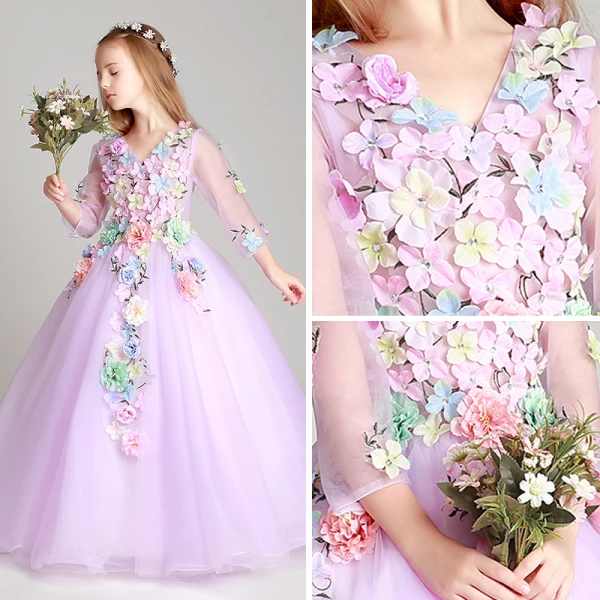Blumenfee Lila Mädchenkleider 2017 Ballkleid V-Ausschnitt 3/4 Ärmel Applikationen Blumen Lange Rüschen Kleider Für Hochzeit