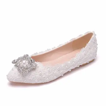 Elegant White Pearl Rhinestone Lace Flower Flat Wedding Shoes 2024 Pointed Toe Wedding Shoes
