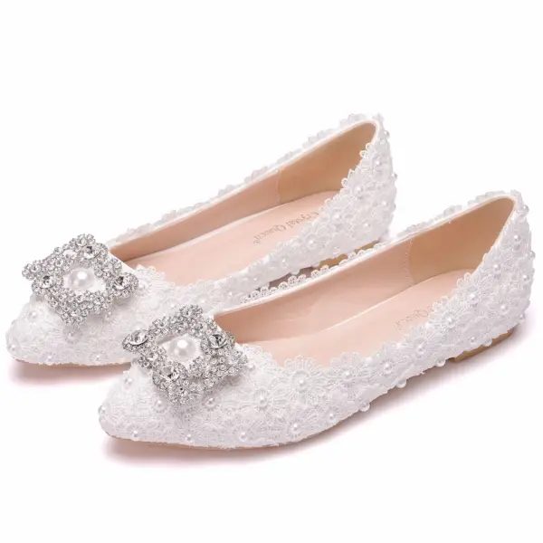 Elegant White Pearl Rhinestone Lace Flower Flat Wedding Shoes 2024 Pointed Toe Wedding Shoes
