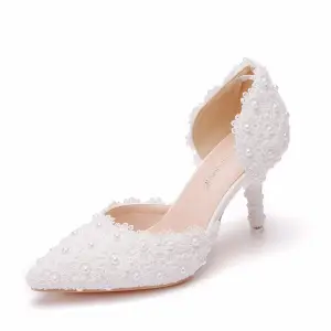 Élégant Blanche Perle En Dentelle Fleur Chaussure De Mariée 2024 7 Cm Talons Aiguilles À Bout Pointu Mariage Talons Hauts