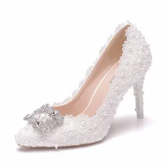 Élégant Blanche Perle Faux Diamant En Dentelle Fleur À Bout Pointu Chaussure De Mariée 2024 9 Cm Talons Aiguilles Mariage Escarpins Talons Hauts