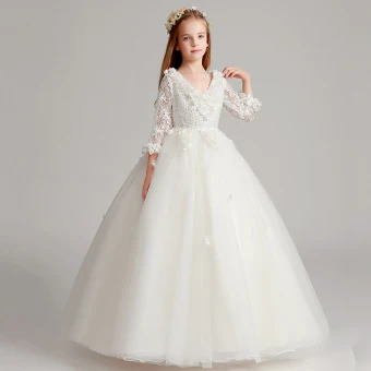 Chic Belle Blanche Robe Ceremonie Fille 2017 Robe Boule V Cou 3 4 Manches En Dentelle Appliques Fleur Longue Volants Robe Pour Mariage