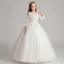 Chic / Beautiful White Flower Girl Dresses 2017 Ball Gown V-Neck 3/4 Sleeve Lace Appliques Flower Floor-Length / Long Ruffle Wedding Party Dresses