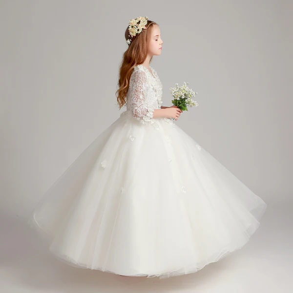 Chic / Beautiful White Flower Girl Dresses 2017 Ball Gown V-Neck 3/4 Sleeve Lace Appliques Flower Floor-Length / Long Ruffle Wedding Party Dresses