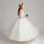 Chic / Beautiful White Flower Girl Dresses 2017 Ball Gown V-Neck 3/4 Sleeve Lace Appliques Flower Floor-Length / Long Ruffle Wedding Party Dresses