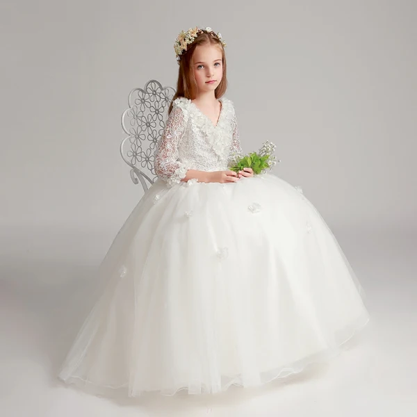 Chic / Beautiful White Flower Girl Dresses 2017 Ball Gown V-Neck 3/4 Sleeve Lace Appliques Flower Floor-Length / Long Ruffle Wedding Party Dresses