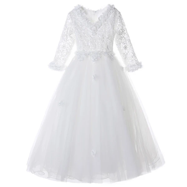 Chic / Beautiful White Flower Girl Dresses 2017 Ball Gown V-Neck 3/4 Sleeve Lace Appliques Flower Floor-Length / Long Ruffle Wedding Party Dresses