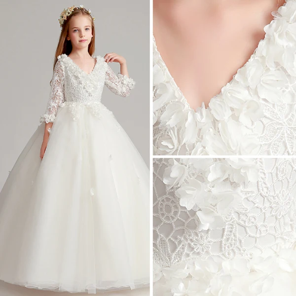 Chic / Beautiful White Flower Girl Dresses 2017 Ball Gown V-Neck 3/4 Sleeve Lace Appliques Flower Floor-Length / Long Ruffle Wedding Party Dresses