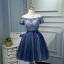 Chic / Beautiful Navy Blue Cocktail Dresses 2018 Ball Gown Off-The-Shoulder Short Sleeve Appliques Lace Rhinestone Sash Short Ruffle Backless Formal Dresses