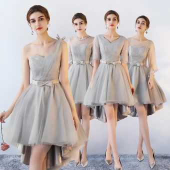 High Low Grey Bridesmaid Dresses 2018 A Line Princess Bow Sash Asymmetrical Ruffle Backless Wedding Party Dresses