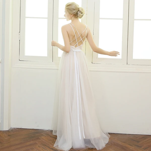 Chic / Beautiful Beach Wedding Dresses 2017 Lace Appliques Flower Bow Sash Backless Rhinestone Pearl V-Neck Sleeveless Floor-Length / Long Champagne Sheath / Fit