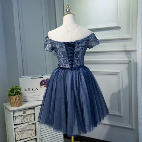 Chic / Beautiful Navy Blue Cocktail Dresses 2018 Ball Gown Off-The-Shoulder Short Sleeve Appliques Lace Rhinestone Sash Short Ruffle Backless Formal Dresses