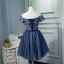 Chic / Beautiful Navy Blue Cocktail Dresses 2018 Ball Gown Off-The-Shoulder Short Sleeve Appliques Lace Rhinestone Sash Short Ruffle Backless Formal Dresses