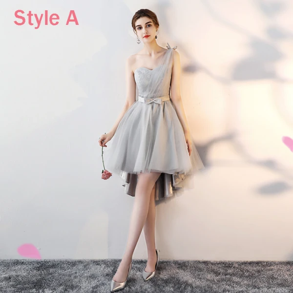 High Low Grey Bridesmaid Dresses 2018 A-Line / Princess Bow Sash Asymmetrical Ruffle Backless Wedding Party Dresses