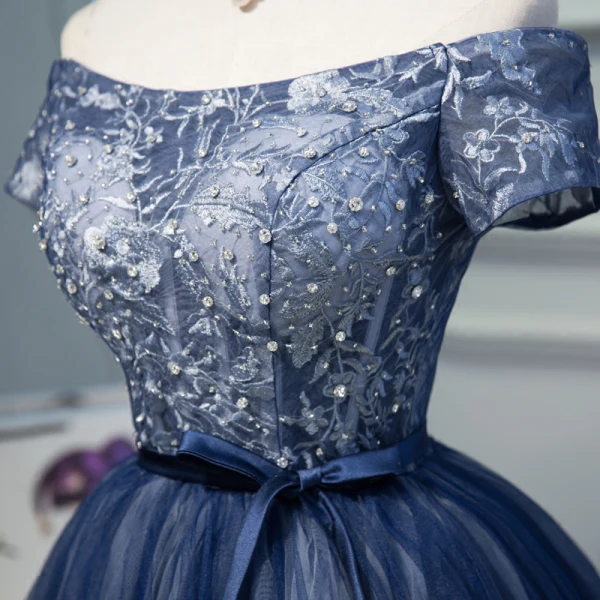 Chic / Beautiful Navy Blue Cocktail Dresses 2018 Ball Gown Off-The-Shoulder Short Sleeve Appliques Lace Rhinestone Sash Short Ruffle Backless Formal Dresses