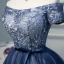 Chic / Beautiful Navy Blue Cocktail Dresses 2018 Ball Gown Off-The-Shoulder Short Sleeve Appliques Lace Rhinestone Sash Short Ruffle Backless Formal Dresses