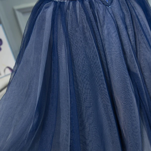 Chic / Beautiful Navy Blue Cocktail Dresses 2018 Ball Gown Off-The-Shoulder Short Sleeve Appliques Lace Rhinestone Sash Short Ruffle Backless Formal Dresses