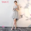 High Low Grey Bridesmaid Dresses 2018 A-Line / Princess Bow Sash Asymmetrical Ruffle Backless Wedding Party Dresses