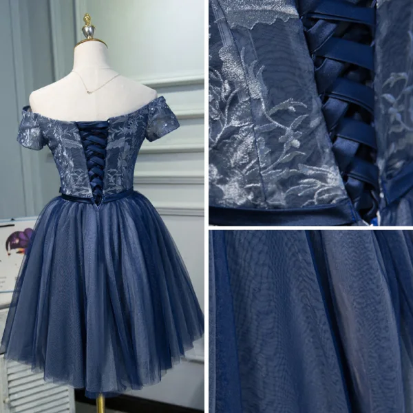 Chic / Beautiful Navy Blue Cocktail Dresses 2018 Ball Gown Off-The-Shoulder Short Sleeve Appliques Lace Rhinestone Sash Short Ruffle Backless Formal Dresses