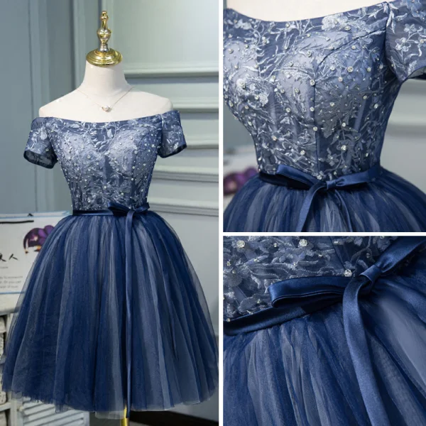 Chic / Beautiful Navy Blue Cocktail Dresses 2018 Ball Gown Off-The-Shoulder Short Sleeve Appliques Lace Rhinestone Sash Short Ruffle Backless Formal Dresses