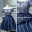 Chic / Beautiful Navy Blue Cocktail Dresses 2018 Ball Gown Off-The-Shoulder Short Sleeve Appliques Lace Rhinestone Sash Short Ruffle Backless Formal Dresses