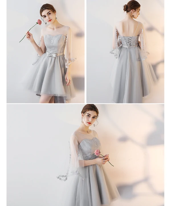 High Low Grey Bridesmaid Dresses 2018 A-Line / Princess Bow Sash Asymmetrical Ruffle Backless Wedding Party Dresses