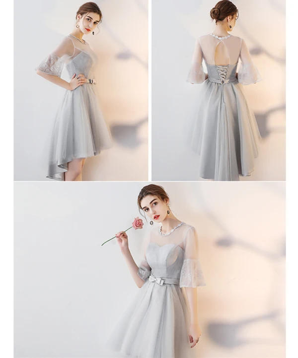 High Low Grey Bridesmaid Dresses 2018 A-Line / Princess Bow Sash Asymmetrical Ruffle Backless Wedding Party Dresses
