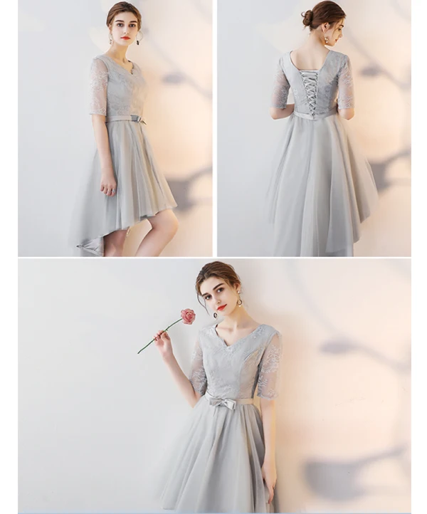 High Low Grey Bridesmaid Dresses 2018 A-Line / Princess Bow Sash Asymmetrical Ruffle Backless Wedding Party Dresses