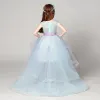 Chic / Beautiful Sky Blue Flower Girl Dresses 2017 Ball Gown V-Neck Sleeveless Lace Appliques Flower Pearl Sash Asymmetrical Cascading Ruffles Wedding Party Dresses
