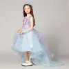 Chic / Beautiful Sky Blue Flower Girl Dresses 2017 Ball Gown V-Neck Sleeveless Lace Appliques Flower Pearl Sash Asymmetrical Cascading Ruffles Wedding Party Dresses