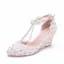 Elegant White Rhinestone Pearl Tassel Lace Flower Wedding Shoes 2024 7 cm Wedges Pointed Toe Wedding Heels