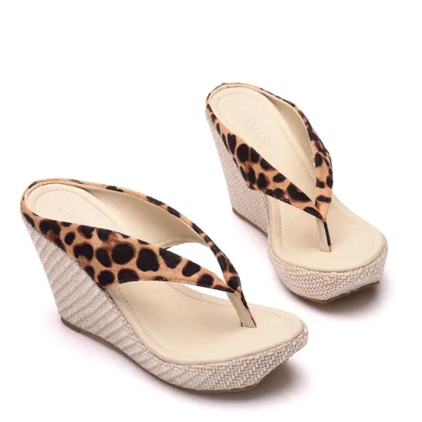 Fashion Brown Beach Street Wear Leopard Print Womens Sandals 2022 9 cm Wedges Open / Peep Toe Womens Sandals