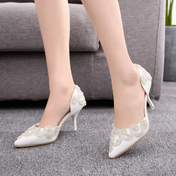 Charming White Rhinestone Pointed Toe Wedding Shoes 2024 8 cm Stiletto Heels Wedding High Heels