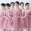 Affordable Chic / Beautiful Candy Pink Bridesmaid Dresses 2018 A-Line / Princess Appliques Lace Sash Short Ruffle Backless Wedding Party Dresses