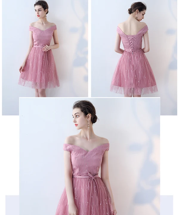 Affordable Chic / Beautiful Candy Pink Bridesmaid Dresses 2018 A-Line / Princess Appliques Lace Sash Short Ruffle Backless Wedding Party Dresses