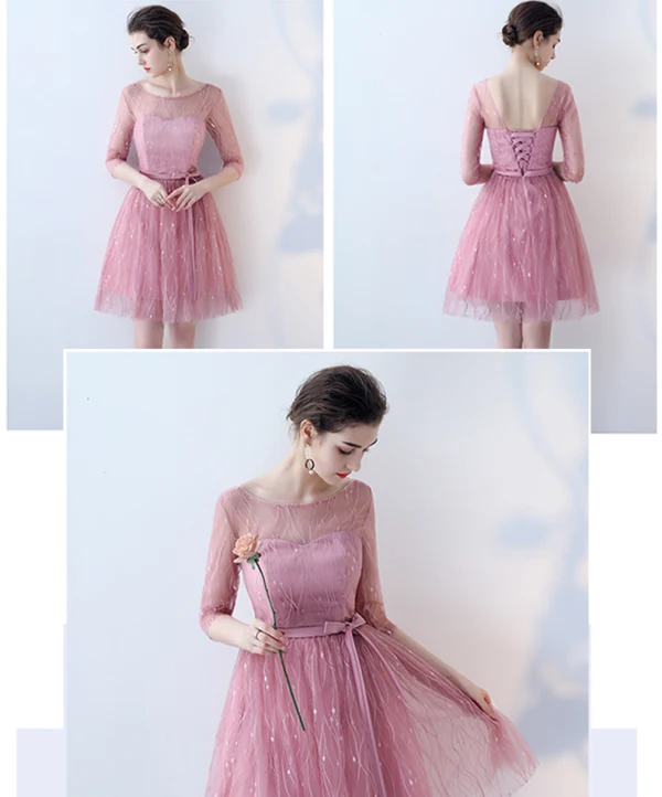 Affordable Chic / Beautiful Candy Pink Bridesmaid Dresses 2018 A-Line / Princess Appliques Lace Sash Short Ruffle Backless Wedding Party Dresses