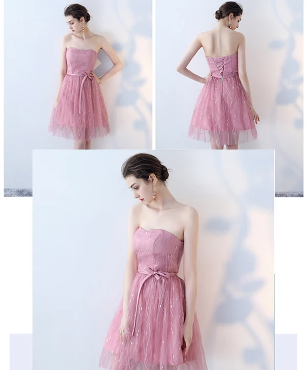 Affordable Chic / Beautiful Candy Pink Bridesmaid Dresses 2018 A-Line / Princess Appliques Lace Sash Short Ruffle Backless Wedding Party Dresses