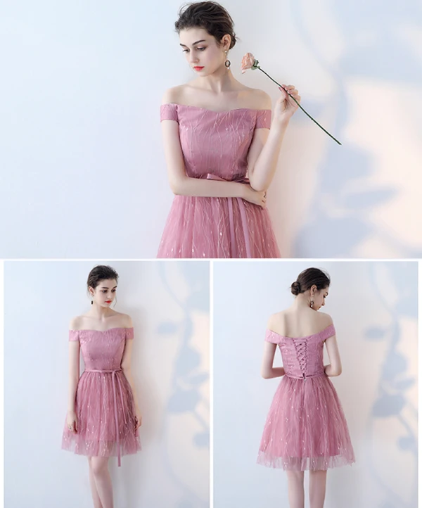 Affordable Chic / Beautiful Candy Pink Bridesmaid Dresses 2018 A-Line / Princess Appliques Lace Sash Short Ruffle Backless Wedding Party Dresses