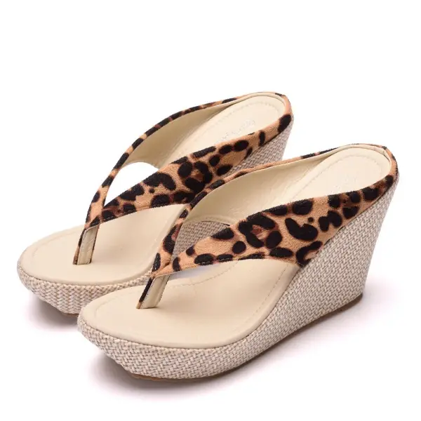 Fashion Brown Beach Street Wear Leopard Print Womens Sandals 2022 9 cm Wedges Open / Peep Toe Womens Sandals